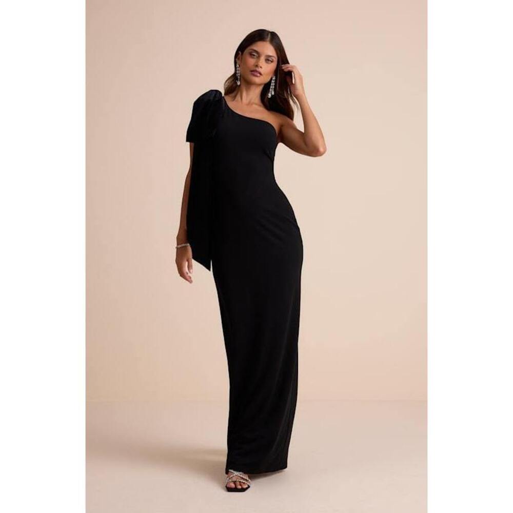 Lulus Amarila Black One-shoulder Velvet Bow Maxi Dress - Size S